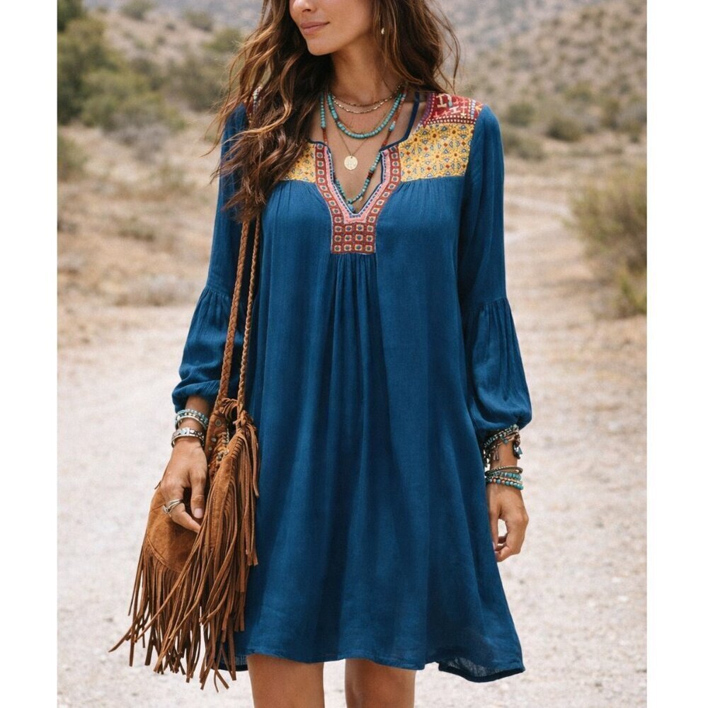 Sundance Embroidered Suelta Dress Size XS Teal Gauzy Viscose Lined Boho